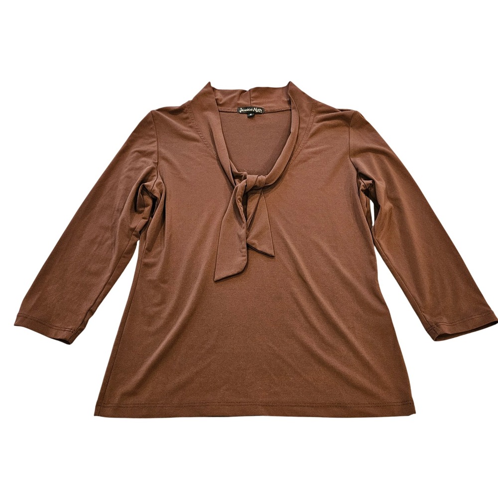 Jessica Max Brown Tie Neck Blouse 3/4 Sleeve Stretch Top Small